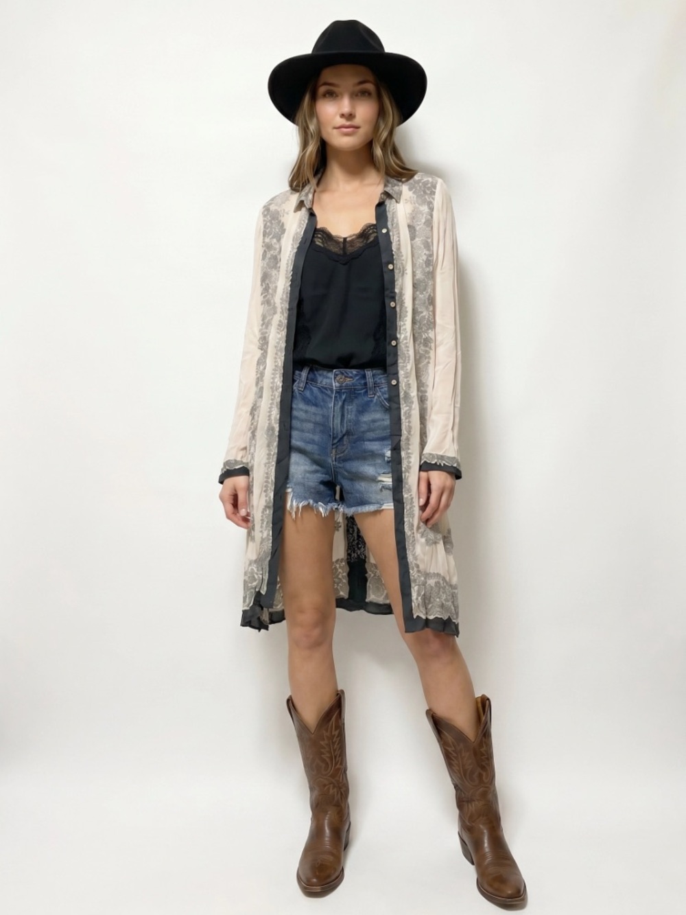 Lucky Brand Chiffon sheer Lace print Kimono Coverup Coastal boho resortwear